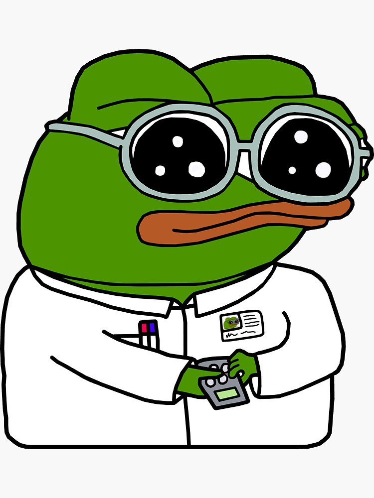 The Head Memeologist, a green Pepe in a lab coat and goggles